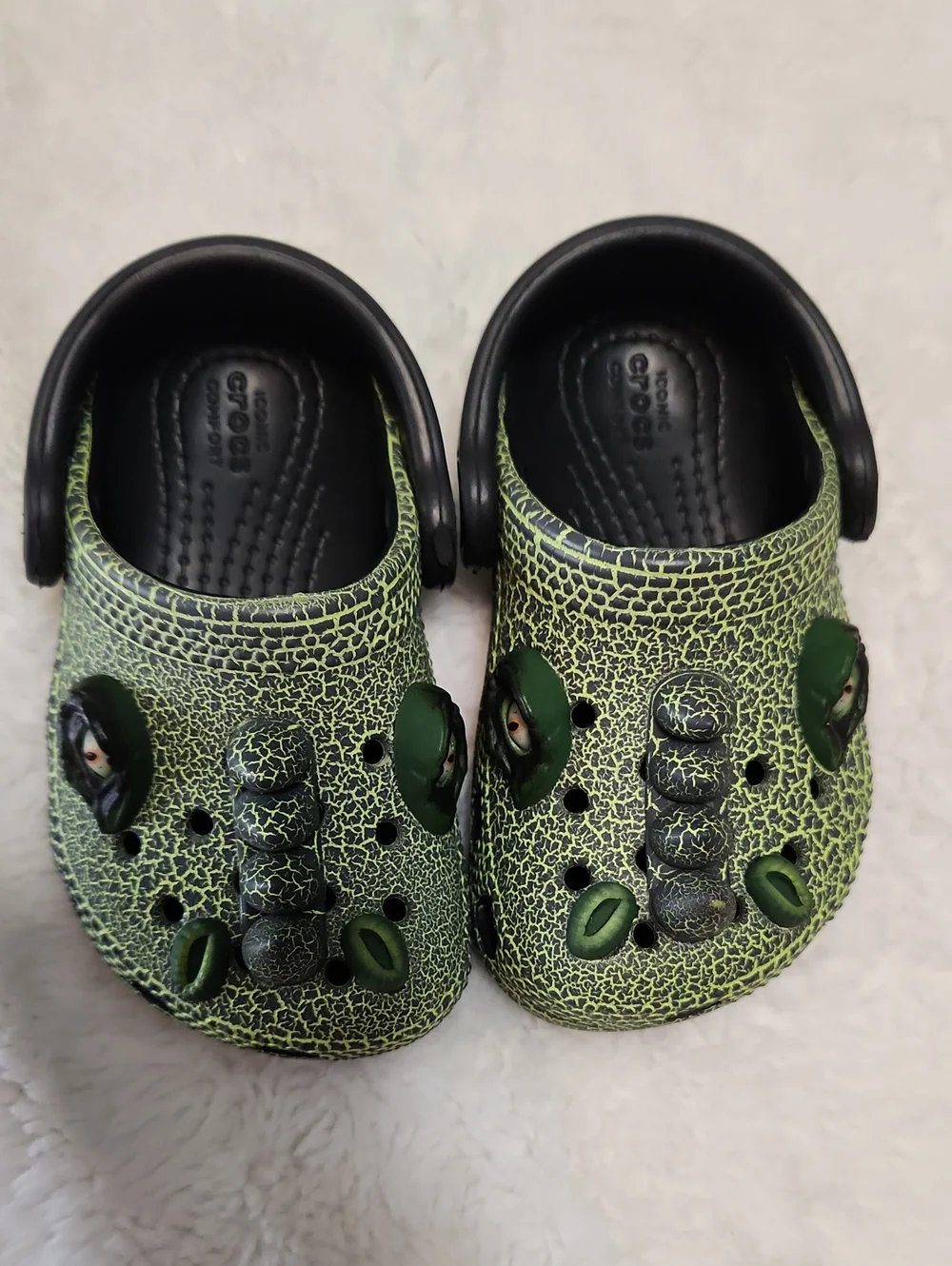 CROCS Kids Black & Neon Green Crackle Clog with Monster Eye Charms